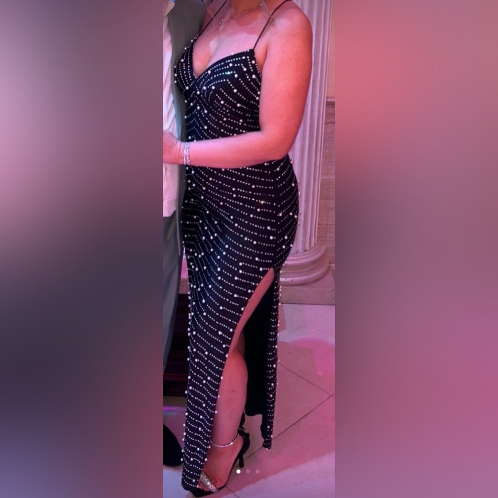 Black Maxi Dress with Pearl Accents